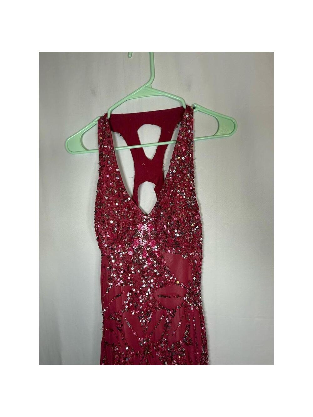 Adrianna Papell Gown Womens Size 8 Pink Sequin Halter Maxi Deep V Back Cutout - Picture 7 of 16